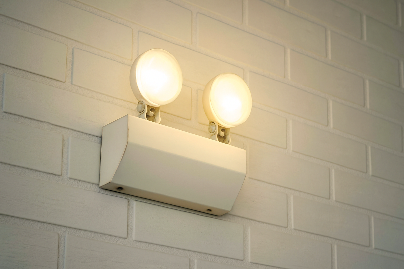 Wall-mounted emergency light with twin adjustable lamp heads illuminated against a white brick wall.