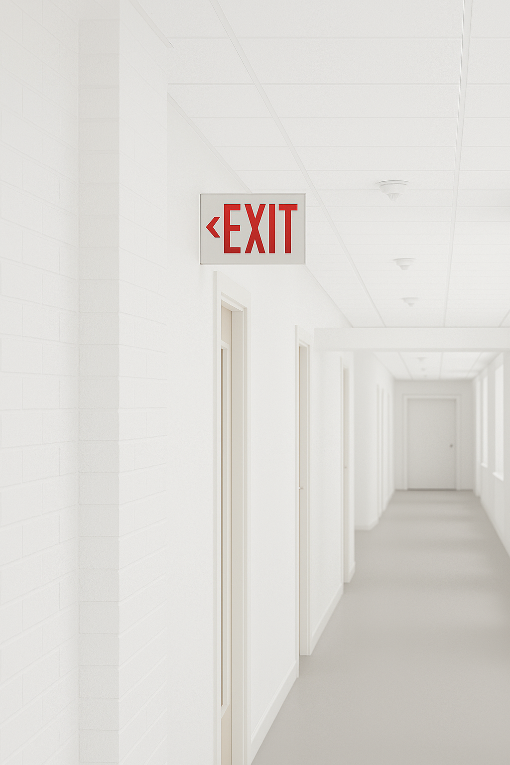Red illuminated EXIT sign with left-pointing arrow mounted on a white hallway wall in a clean, modern commercial building.