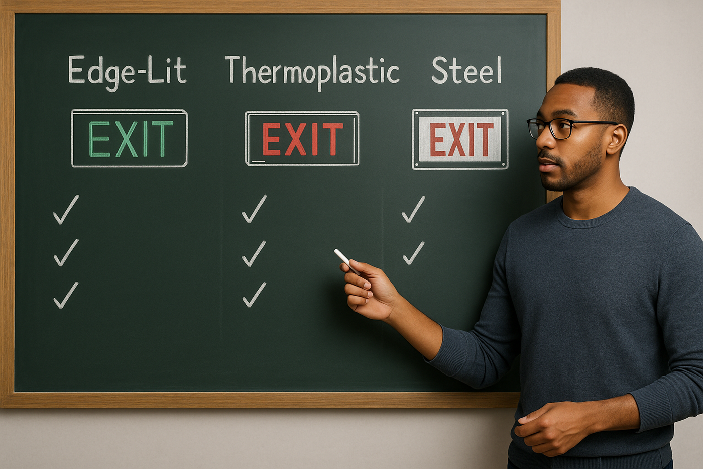 Edge-Lit vs Thermoplastic vs Steel Exit Signs: which to choose by space, budget, and code