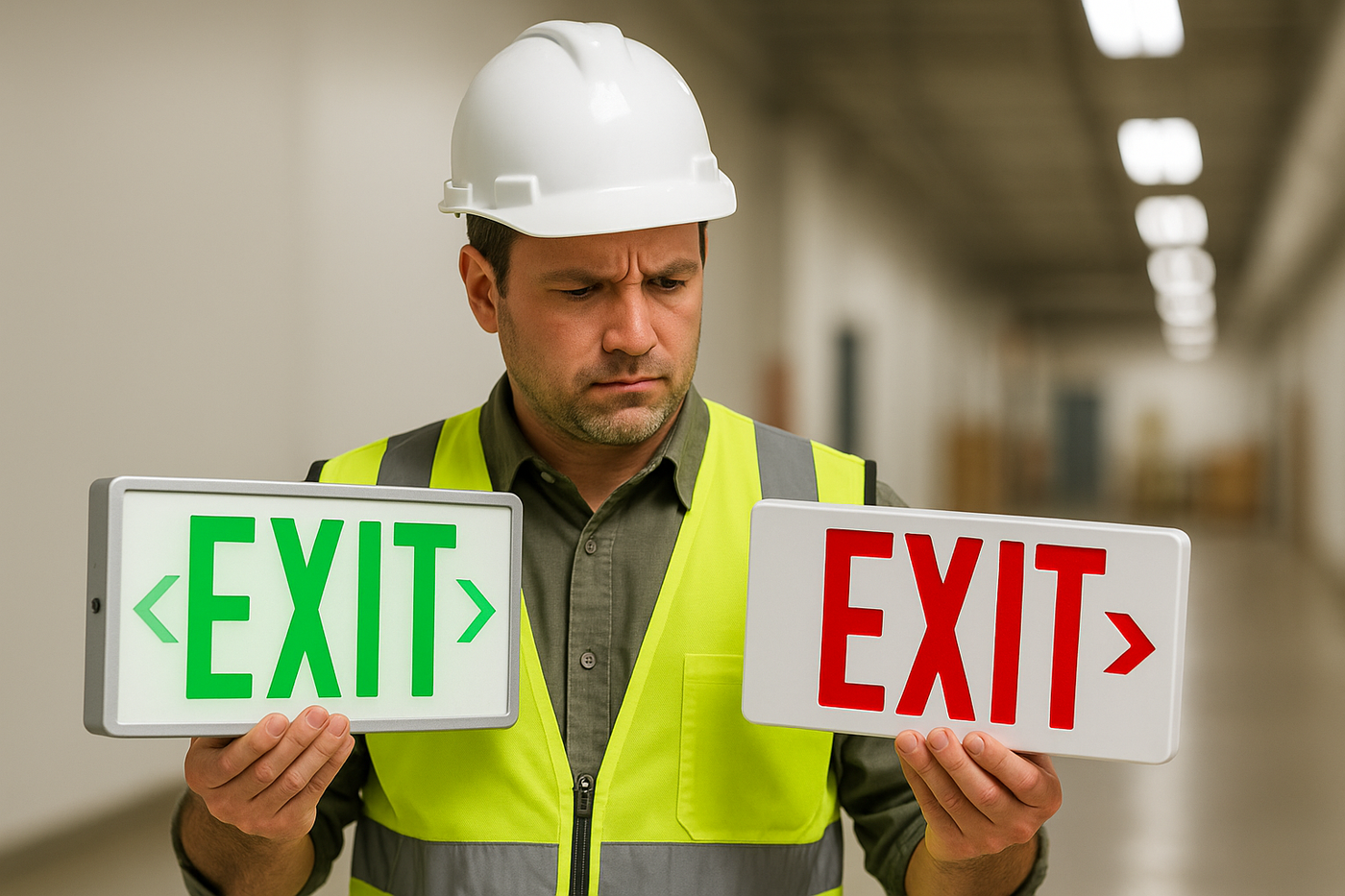 Facility manager in safety gear compares green and red EXIT signs in an industrial hallway.