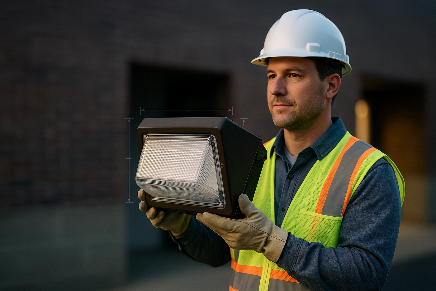 Contractor holding wall pack light
