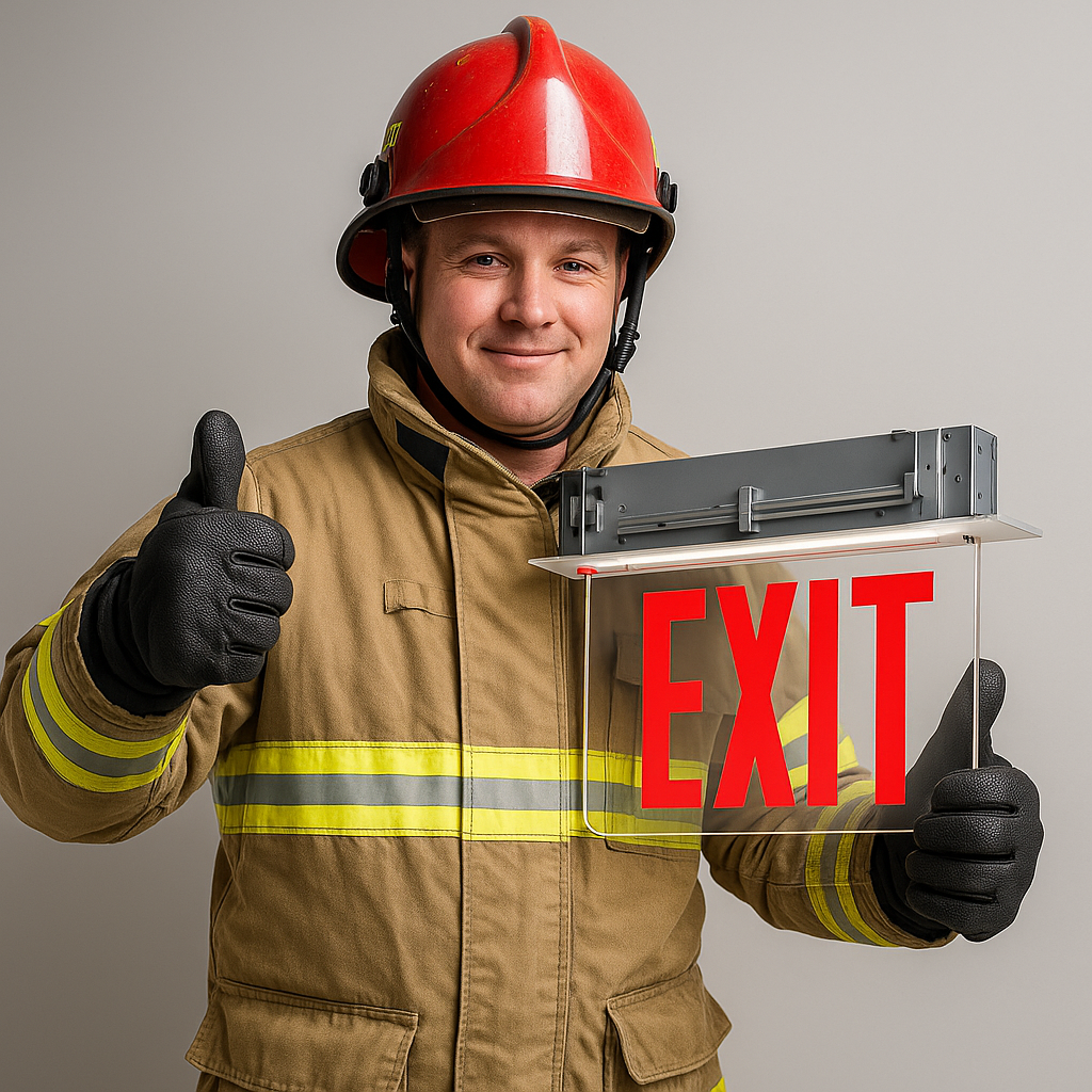 Fireman holding Edge-Lit Exit Sign – Recessed, NYC 8" Red Letters