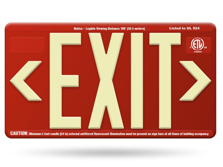100' Photoluminescent Red Exit Sign - UL924 **Outdoor Rated**