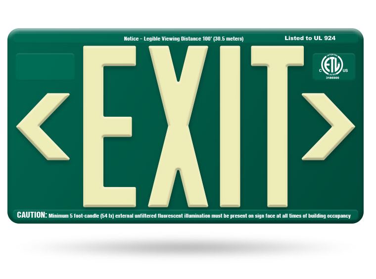 100' Photoluminescent Green Exit Sign - UL924 **Outdoor Rated**