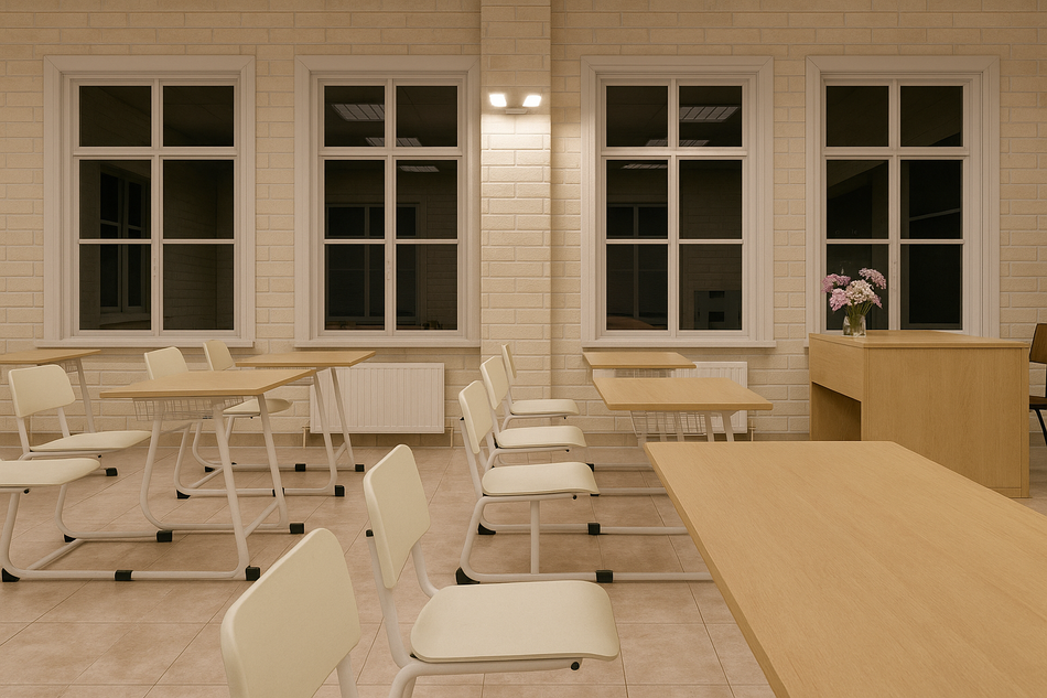 Emergency lighting in a classroom showing egress visibility during normal power