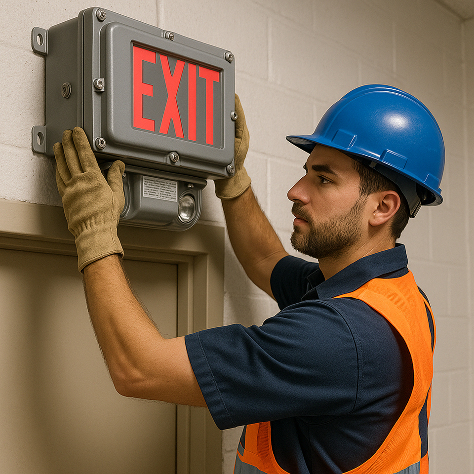 Explosion Proof Exit & Emergency Light Combo Sign Installation