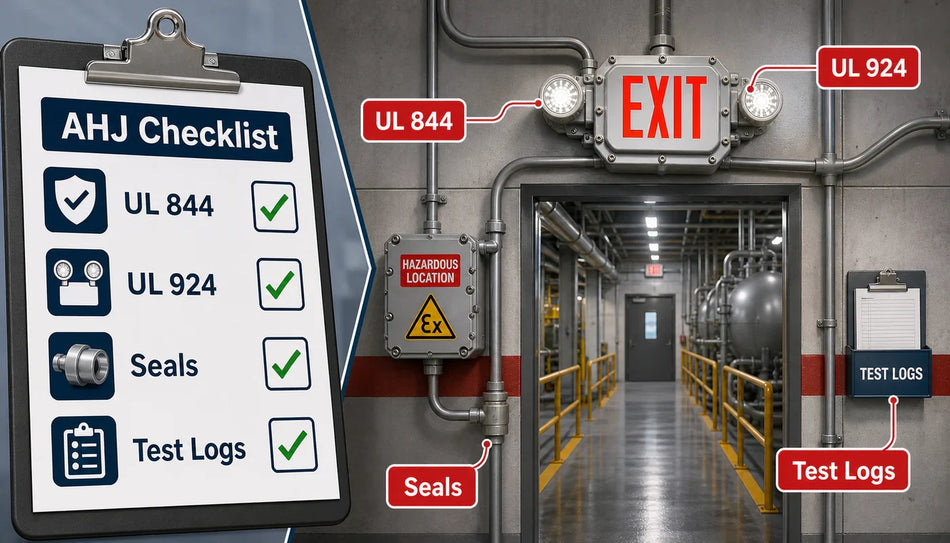 AHJ hazardous egress lighting inspection checklist showing UL 844, UL 924, conduit seals, nameplates, photometrics, and test logs.