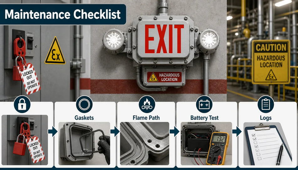 Explosion-proof exit sign and emergency light maintenance checklist showing gaskets, flame paths, battery testing, corrosion checks, and AHJ logs.