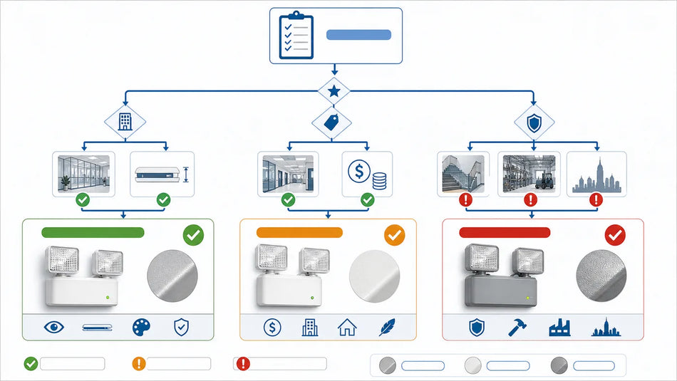 Emergency light housing selection flow comparing architectural die-cast aluminum, thermoplastic, and steel fixtures by design, budget, and abuse resistance.