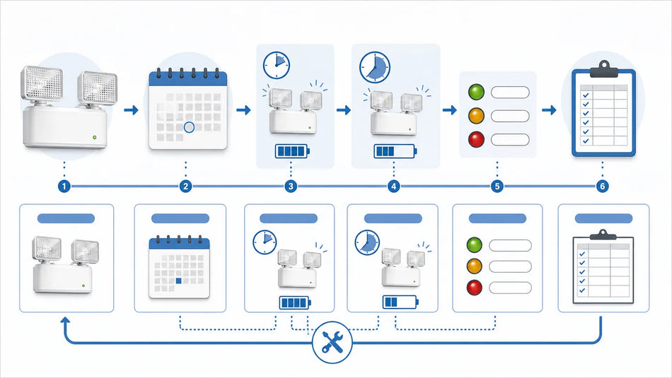 Automatic emergency light testing timeline showing monthly functional tests, annual 90-minute discharge tests, status indicators, and documentation.