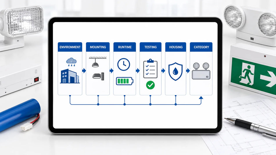 Battery backup emergency lighting buyer decision flow showing environment, mounting, runtime, testing, housing, and recommended fixture category.