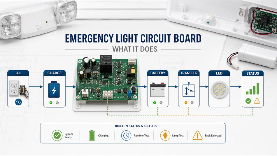 Emergency light circuit board function diagram showing AC input, battery charging, transfer sensing, lamp output, and status diagnostics.