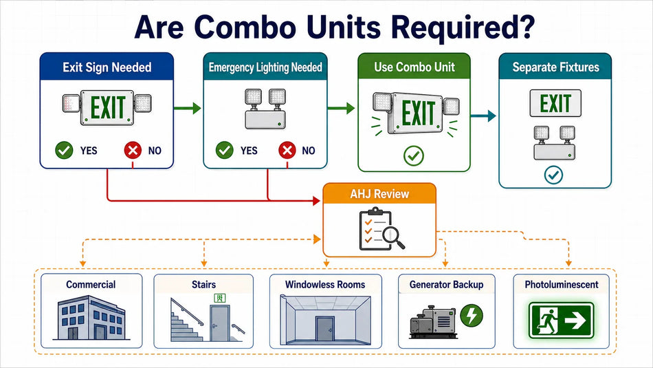 Decision flow showing when exit sign emergency light combo units are required, when separate fixtures may apply, and when AHJ review is needed.