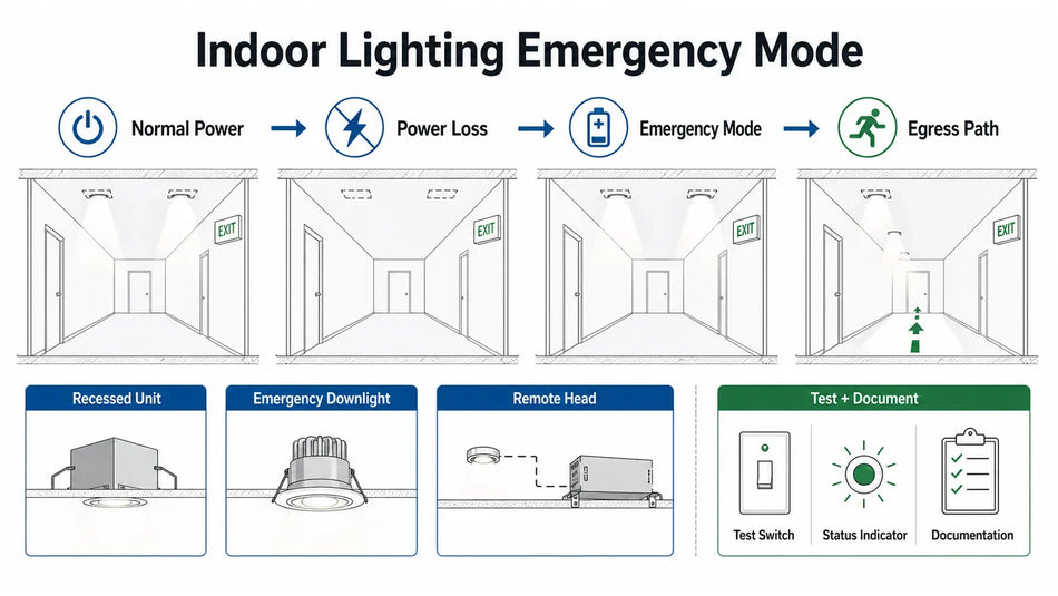 Indoor lighting emergency mode infographic showing normal power, power loss, emergency mode, egress path illumination, recessed units, emergency downlights, remote heads, and test documentation.