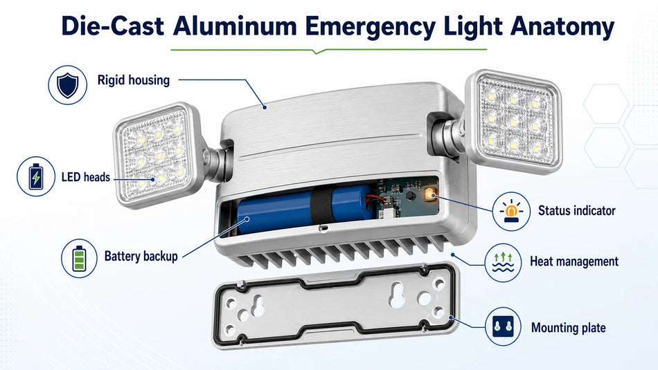 Architectural die-cast aluminum emergency light showing rigid housing, LED heads, battery backup, status indicator, heat management, and mounting plate.