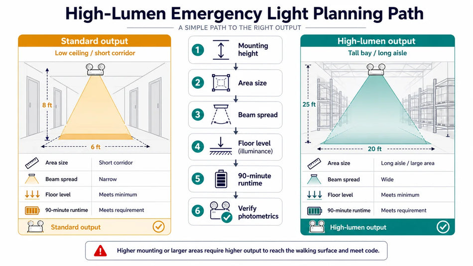 High-lumen emergency light planning path comparing standard output for low ceilings with high-lumen output for tall bays, long aisles, floor-level illumination, and 90-minute runtime.