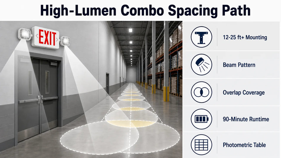 High-lumen exit sign emergency light combo spacing path showing 12-25 ft mounting, beam pattern, overlap coverage, 90-minute runtime, and photometric table checks.