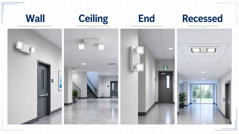 Comparison of wall, ceiling, end, and recessed emergency light mounting options for different building conditions.