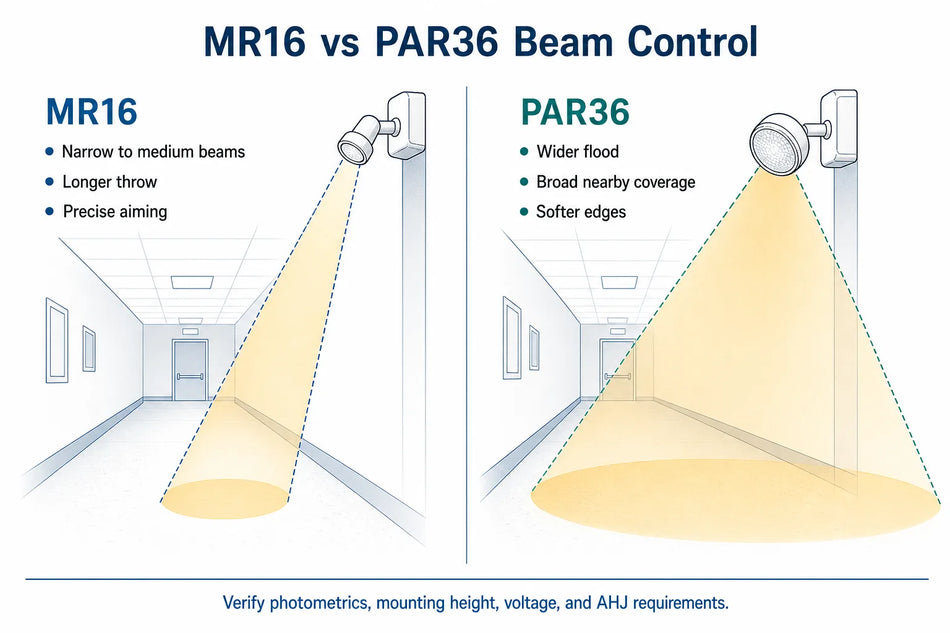 MR16 and PAR36 emergency remote head beam comparison showing narrow long-throw MR16 coverage and wider nearby PAR36 flood coverage in a corridor.