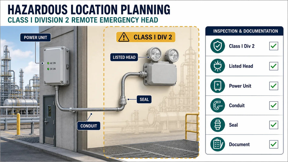 Hazardous location Class I Division 2 remote head planning visual showing listed head, power unit, conduit, seal, and documentation.
