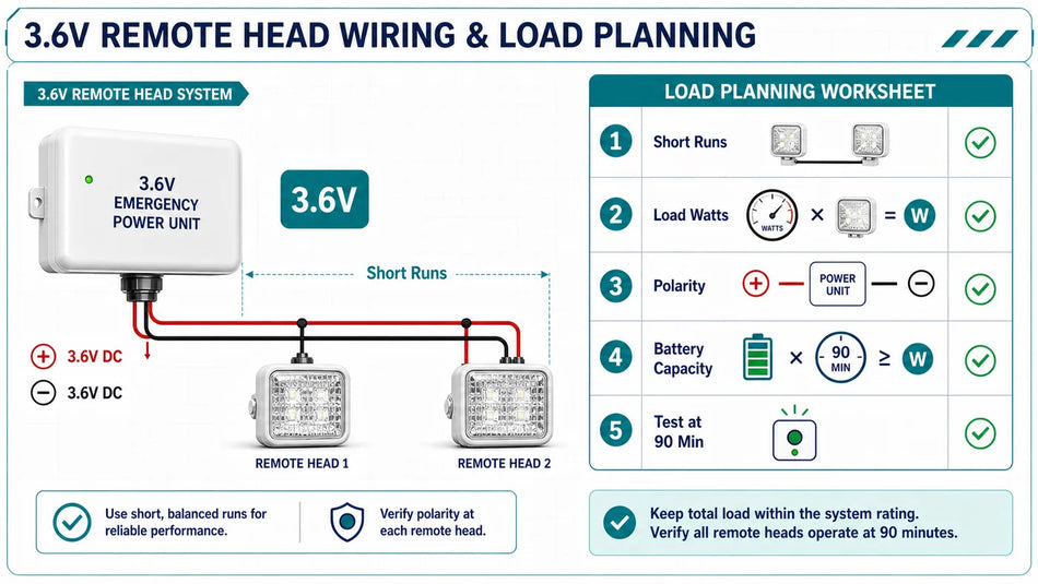 3.6V remote head wiring and load planning worksheet showing short runs, load watts, polarity, battery capacity, and 90-minute test.