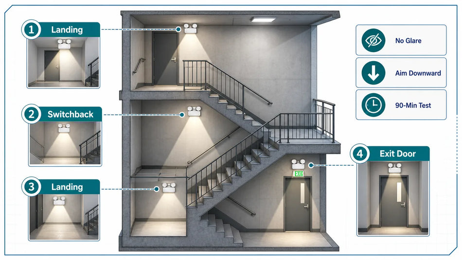 Stairwell remote emergency head layout showing landings, switchbacks, exit door coverage, glare control, and 90-minute testing.