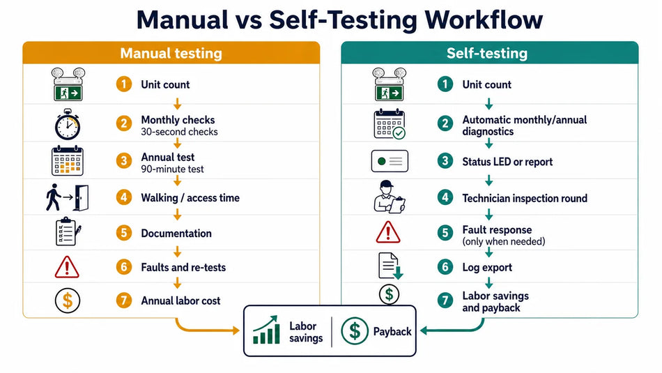 Manual versus self-testing emergency light workflow showing inspection labor, documentation, fault response, annual savings, and payback.