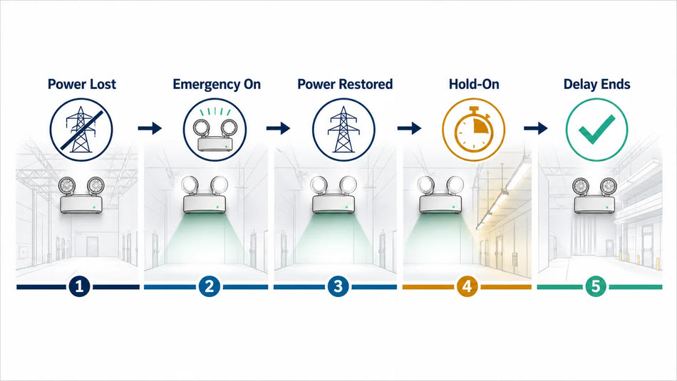 Timeline showing time-delay emergency lights staying on after power returns while normal lighting warms up before the delay ends.