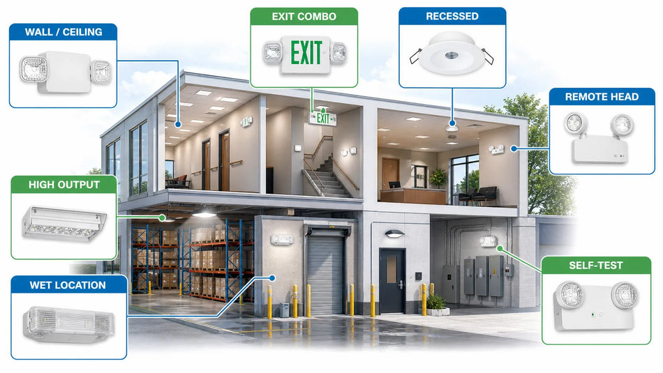 Commercial building map showing wall and ceiling emergency lights, exit combo units, recessed lights, remote heads, high-output lights, wet-location lights, and self-testing units.