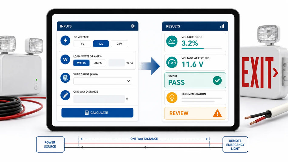 Emergency light voltage drop calculator workflow showing voltage, load, wire gauge, distance, voltage at fixture, and pass or review status.