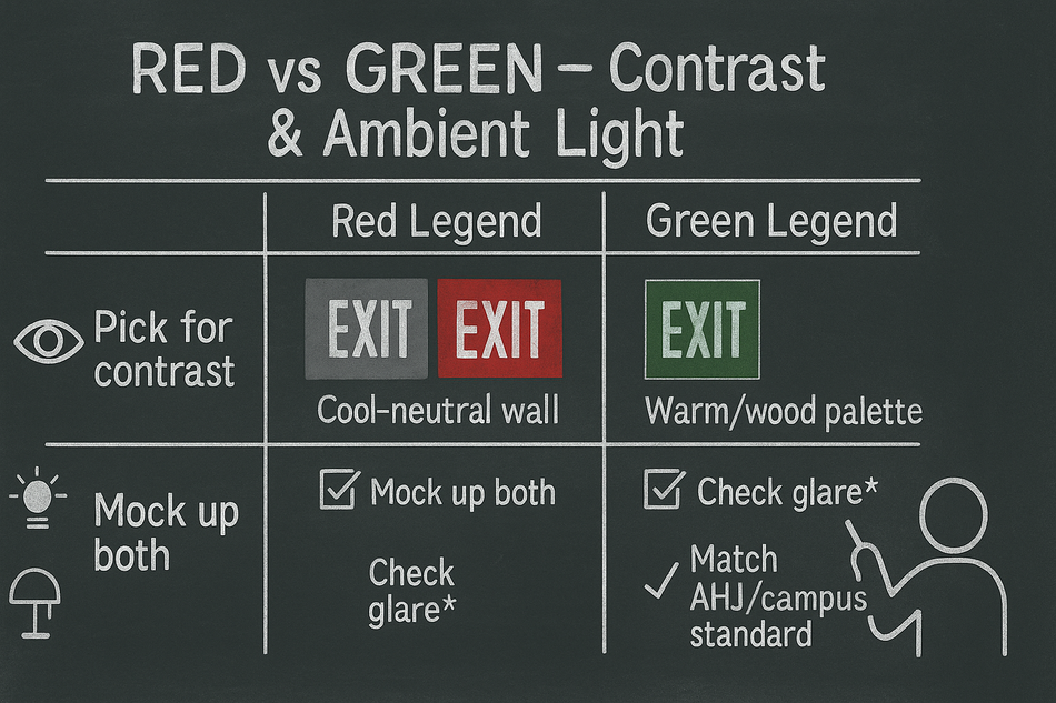 Red vs Green — Contrast & Ambient Light comparison for edge-lit EXIT signs; pick for contrast, check glare, and mock up both colors.
