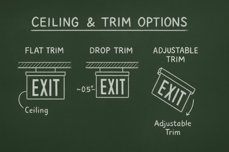 Ceiling & Trim Options for recessed edge-lit EXIT signs—Grid (T-bar) lay-in, gypsum/drywall flanged and mud-in trims, and wood/specialty adapter plate with service-access notes.