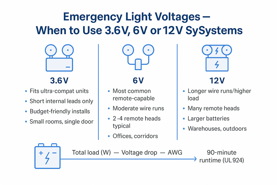 Diagram showing emergency light AC input (line) and DC battery/remote-head voltages