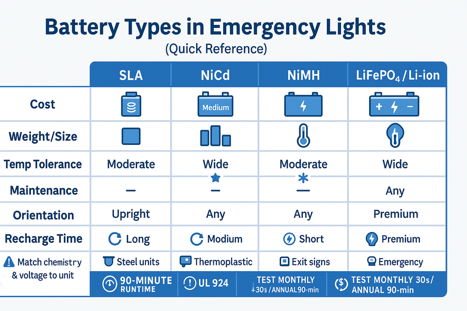 Battery Types in Emergency Lights: Sealed Lead-Acid (SLA), Nickel-Cadmium (NiCd), Nickel-Metal Hydride (NiMH), and Lithium-ion with quick notes on cost, orientation, recharge, temperature behavior, maintenance, and the UL 924 90-minute requirement.