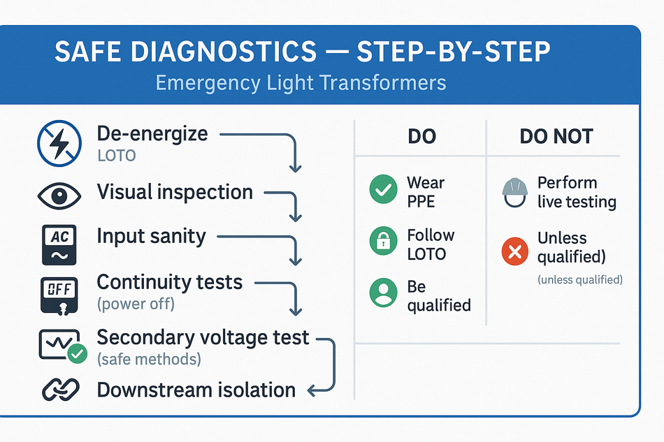 Emergency light transformer safe diagnostics workflow