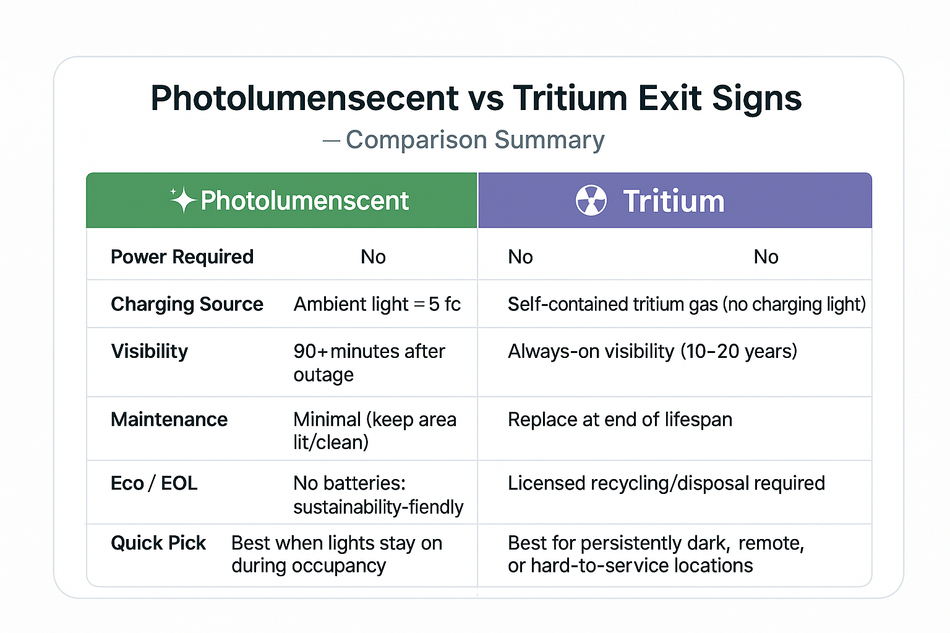Photoluminescent exit sign charging—ambient light (~5 fc) charges pigments for 90+ minutes of glow during outages.