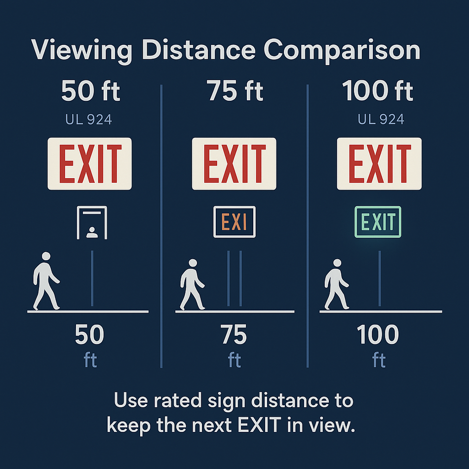 Viewing distance comparison for photoluminescent exit signs showing 50 ft, 75 ft, and 100 ft UL 924-rated legibility.