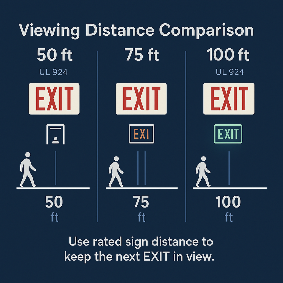 Viewing distance comparison for photoluminescent exit signs showing 50 ft, 75 ft, and 100 ft UL 924-rated legibility.