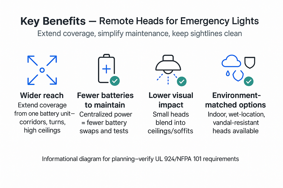 Diagram: key benefits of remote heads for emergency lights—wider reach, fewer batteries to maintain, lower visual impact, flexible aiming, and environment-matched options.