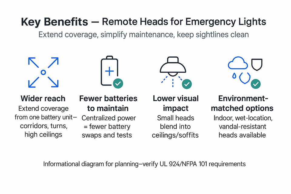 Diagram: key benefits of remote heads for emergency lights—wider reach, fewer batteries to maintain, lower visual impact, flexible aiming, and environment-matched options.