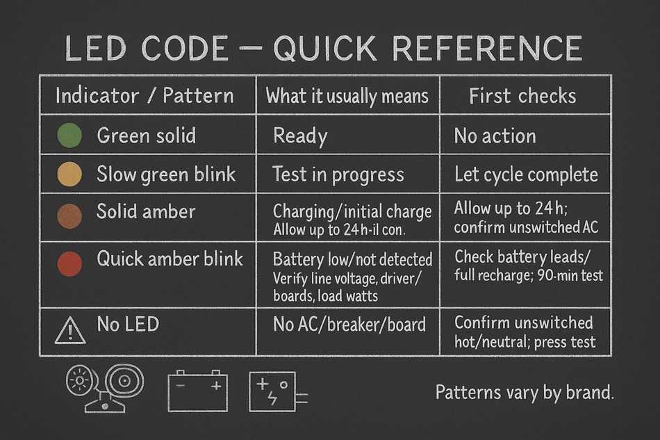 Emergency light self-testing LED status code quick reference