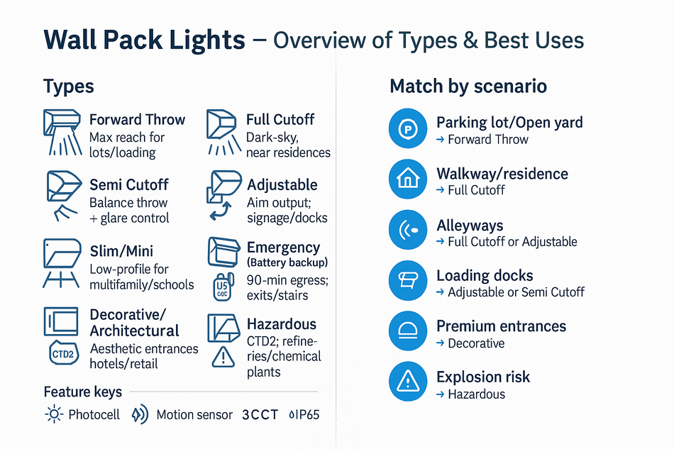 Quick guide: how to choose a wall pack light—forward throw, full cutoff, semi cutoff, adjustable, slim/mini, emergency battery backup, decorative, and hazardous; match by scenario.
