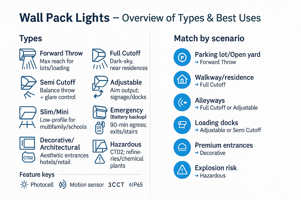 Quick guide: how to choose a wall pack light—forward throw, full cutoff, semi cutoff, adjustable, slim/mini, emergency battery backup, decorative, and hazardous; match by scenario.