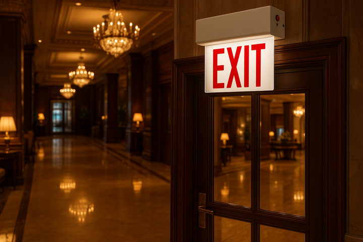 Edge Lit Exit Sign in hotel lobby