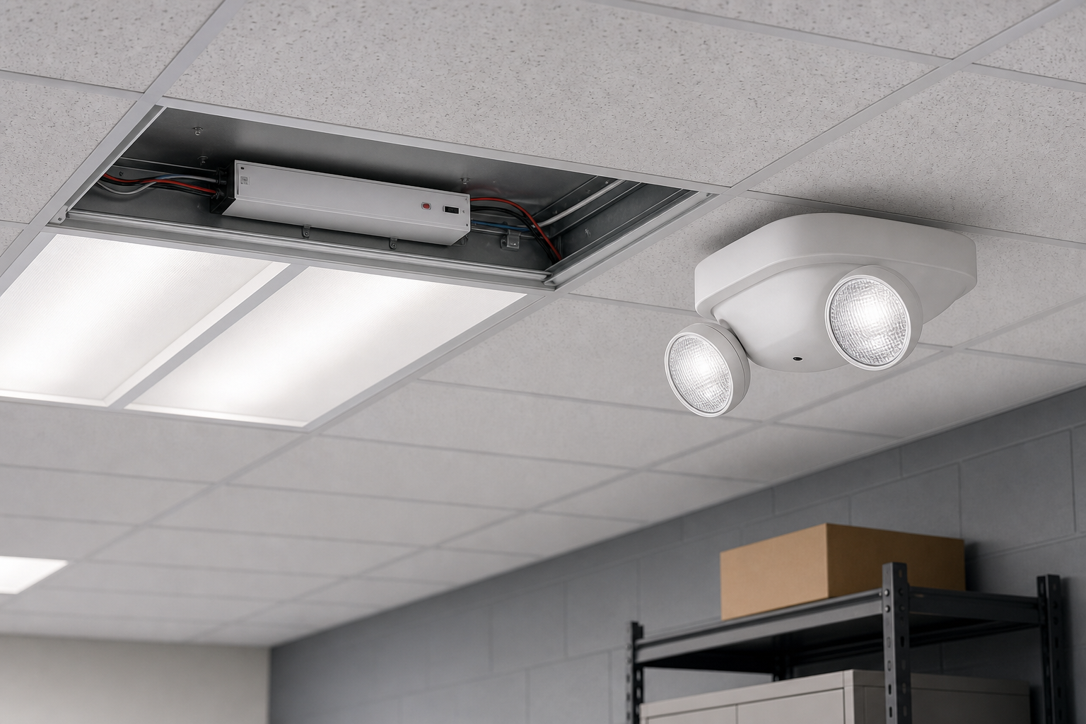 Emergency lighting ballast module and dedicated LED emergency fixture in a commercial ceiling.