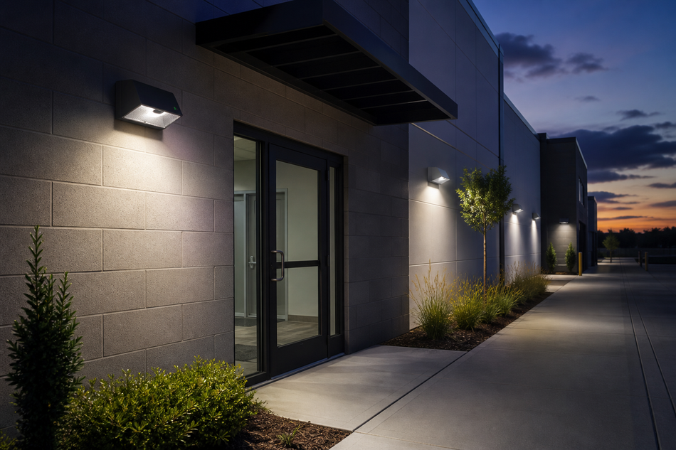 Battery backup wall pack lights illuminating an exterior egress walkway at dusk.