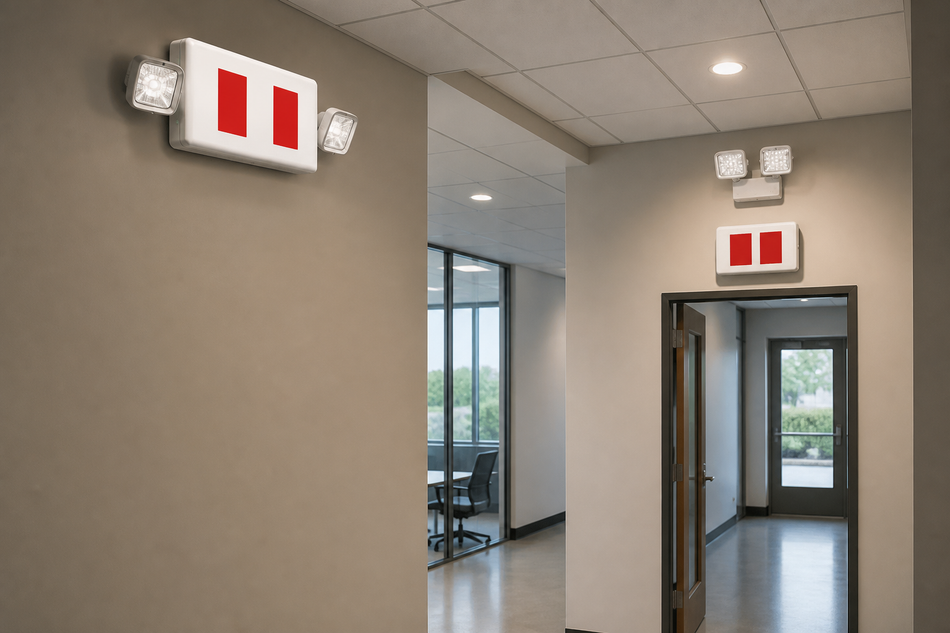 Exit sign combo unit compared with separate exit sign and emergency light fixtures in a corridor.