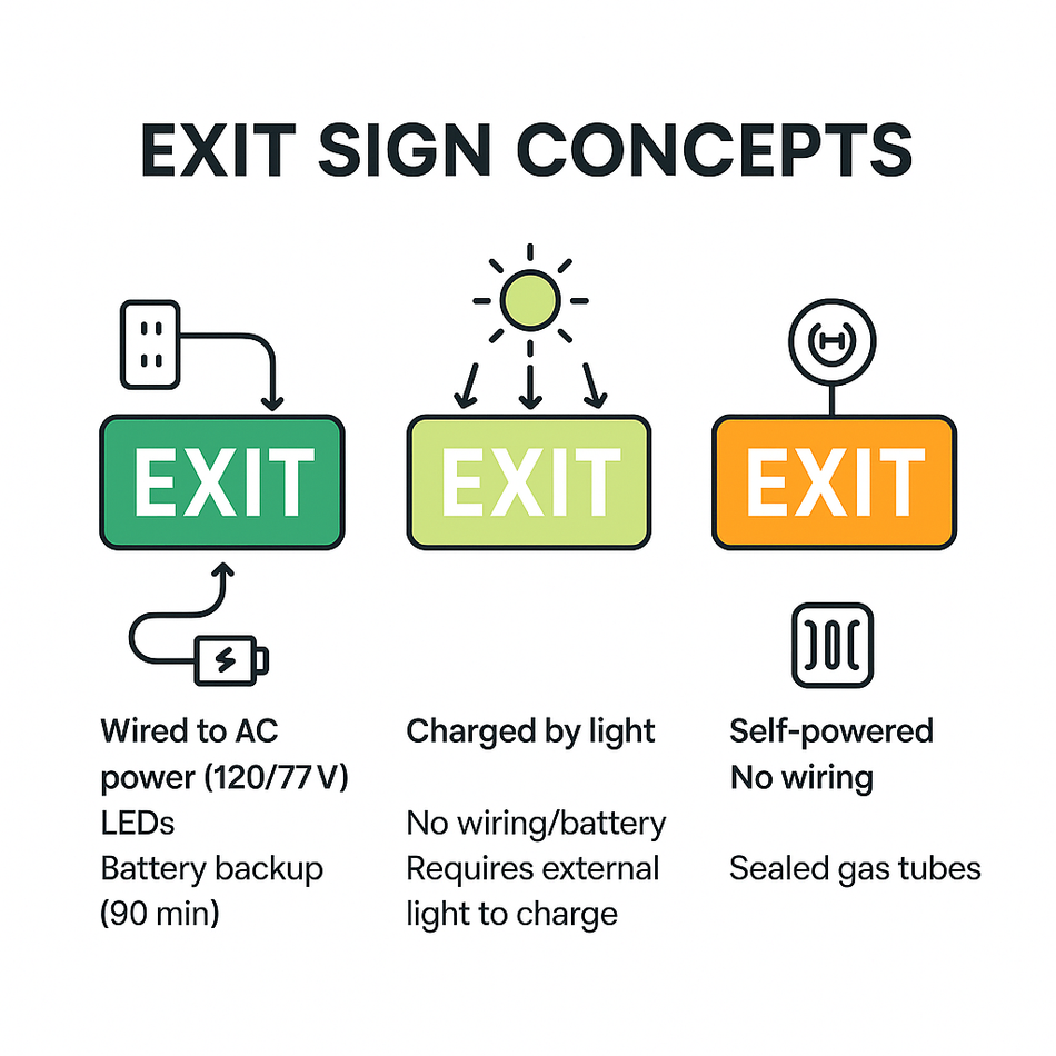 Diagram showing LED (wired), Photoluminescent (charged by light), and Tritium (self-luminous) exit sign concepts.