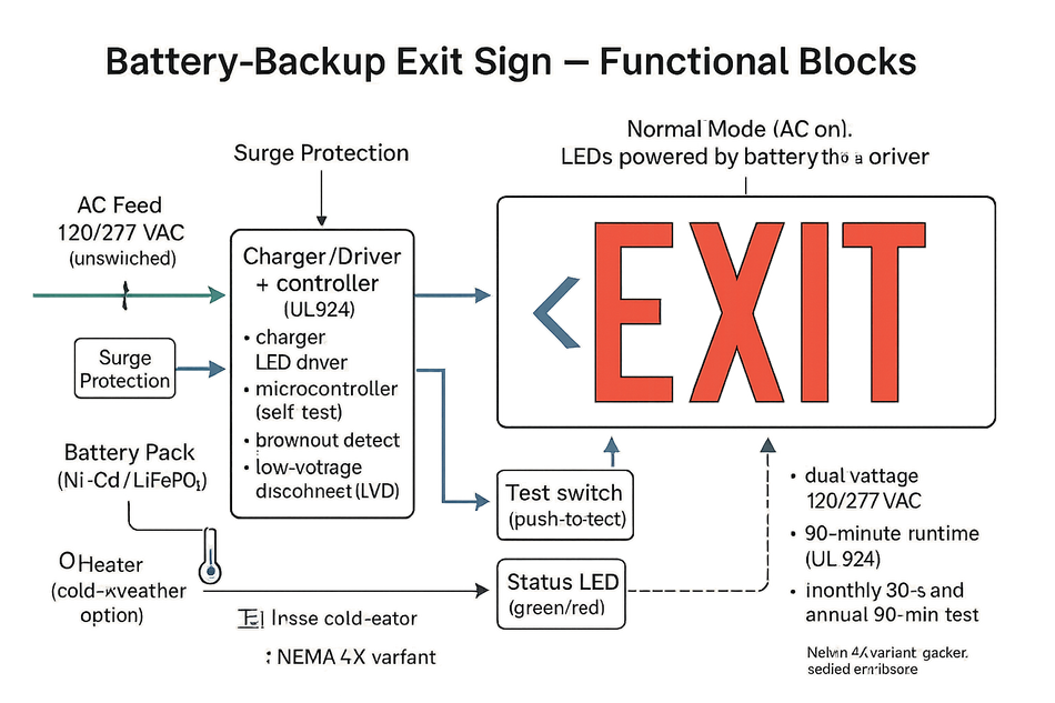 Diagram of a battery-backup exit sign: AC input, charger, battery, LED board, test switch.