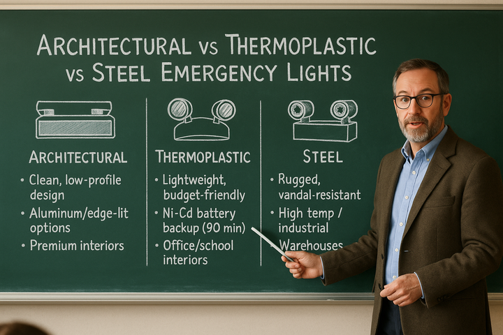 Architectural vs Thermoplastic vs Steel Emergency Lights